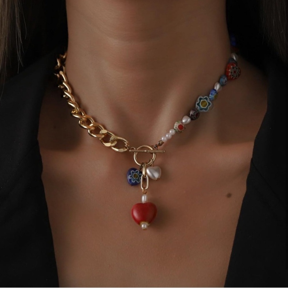 Colorful Gold Chunky Chain Heart Pendant Boho Evil Eye Necklace - Picture 2 of 6